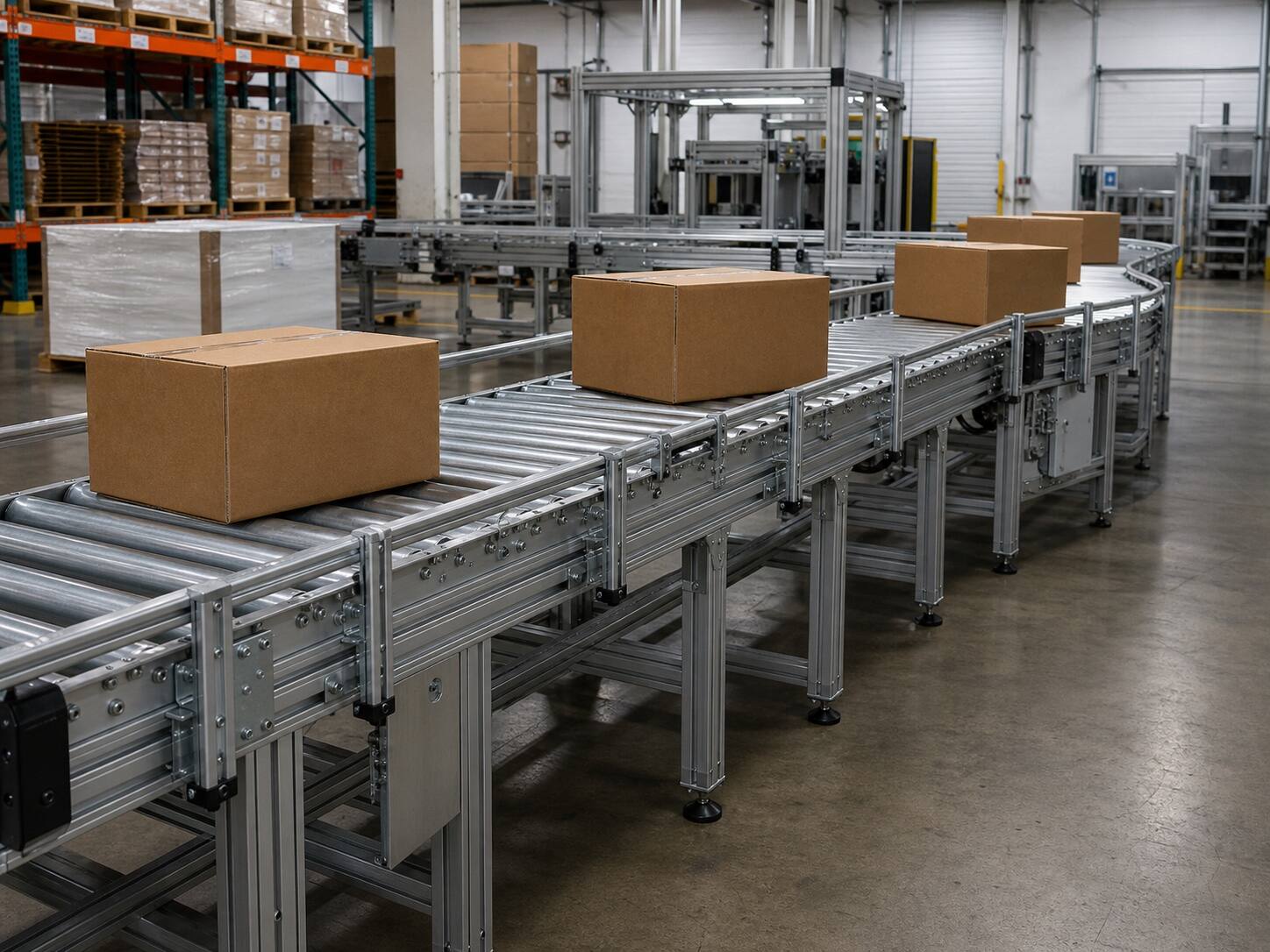 Roller conveyor line built on an extruded-aluminum T-slot frame moving boxes in a distribution facility